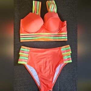 Vibrant Orange and Green Women's Swimwear Set Size Large